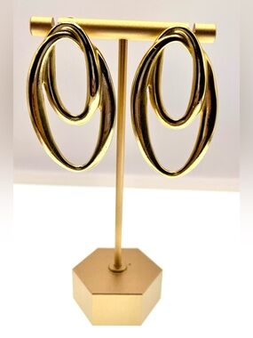 Vintage 1990s Gold Tone Abstract Oval Drop Earrings Modernist Statement Pierced